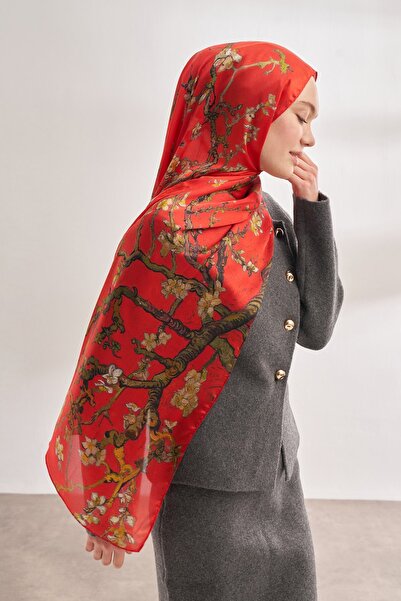 ARMANDA Van Gogh İmzalı Ünlü Almond Blossoms Desen Şal - Nar