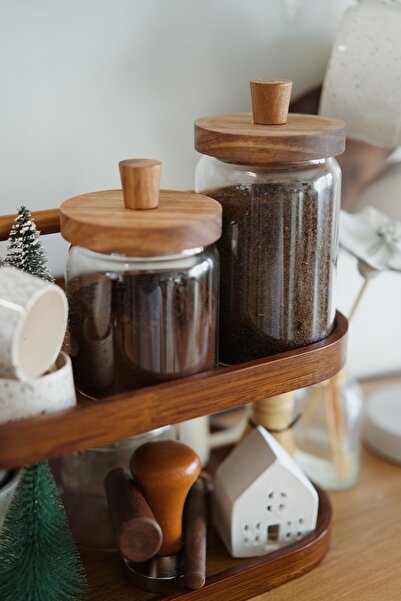 Dekorzdükkan Set of 2 Acacia Vacuum Lid Borosilicate Glass Jars (450+700ml)