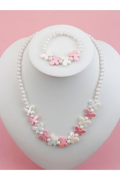 Choice WHITE 40cm 2pcs Girls Butterfly decorated beaded necklaces and bracelets for daily wear throughout t