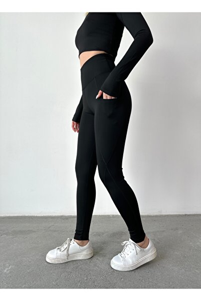 jeneric طماق رياضية نسائية سوداء عالية الخصر بجيب مزدوج