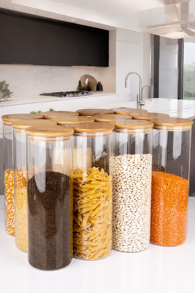 naturelove 12'Li Jumbo Boy Borosilikat Cam Bambu Vakum Kapaklı Spagetti Erzak...