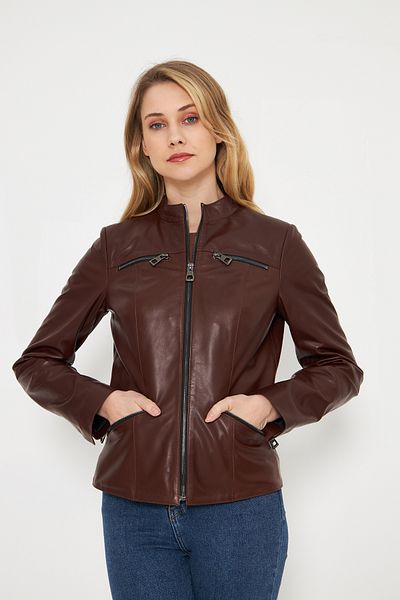 By Marki Marki Women's Fermer Detailed Brown Genuine Leather Jacket Fit Cut Stand Collar 57 cm 116522