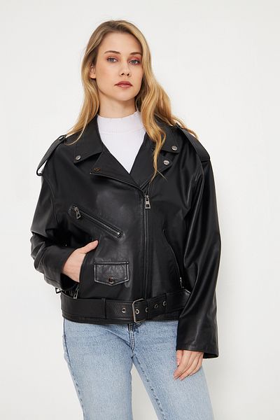 By Marki Marki Women's Genuine Leather Jacket - Black, Belted, Oversize, Strap Shoulder Detail, 70 cm
