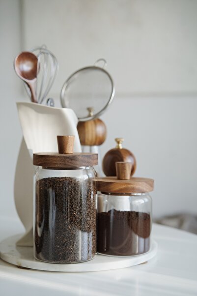 Dekorzdükkan Set of 2 Acacia Vacuum Lid Borosilicate Glass Jars (450+700ml)