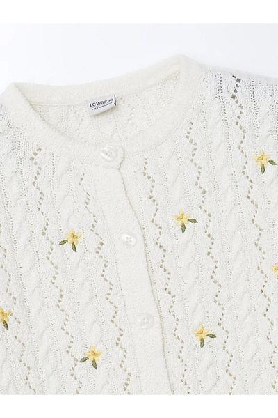 LC Waikiki LCW Kids Ecru Crew Neck Floral Πλεκτό Κοριτσίστικο Ζακέτα