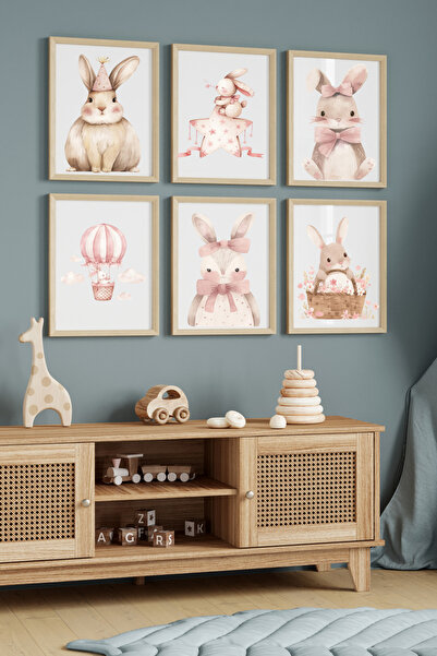 Hiras Dizayn Set de 6 postere Iepuraș roz drăguț pentru camera copiilor 3 dim...