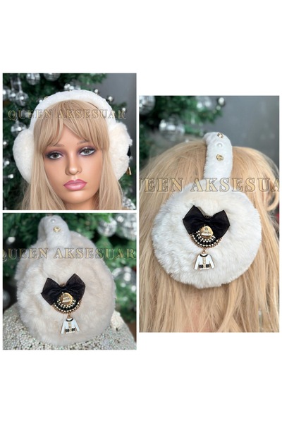 QUEEN AKSESUAR Căști pliabile Luxe Leaf - No5 White Cream cu broșă metalică