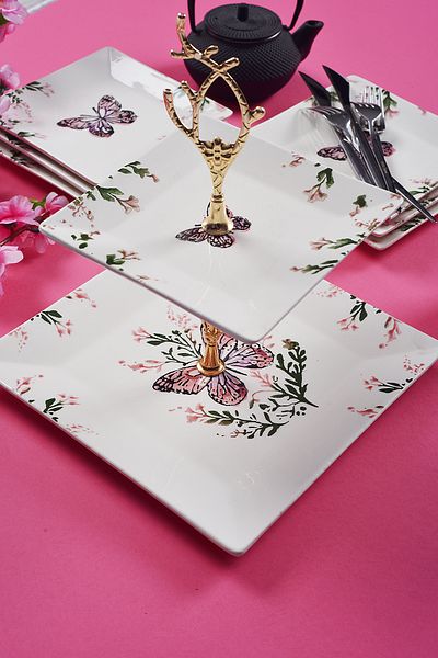 Piatti Naturali Double Layer Ceramic Butterfly Pattern Cookie Dish Snack Two Layer Presentation Plate Serving Set Catering
