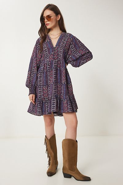 Lovelyİstanbul Balloon Sleeves Patterned Flared Woven Dress Purple Ldp0035