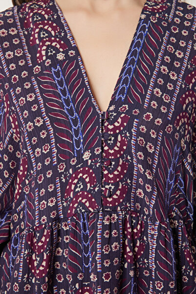 Lovelyİstanbul Balon Kollu Desenli Kloş Dokuma Elbise MOR LDP0035