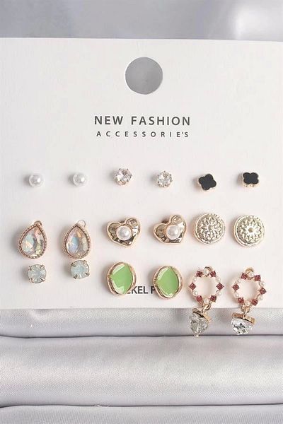 TRENDMEN Brass Gold Color Drop Zircon Stone Pearl Heart Detail 9 Pair Women's Earring Set
