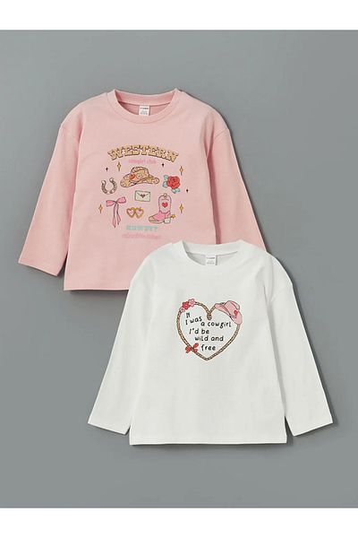LC Waikiki LCW Kids Ecru T-shirt dziewczęcy z okrągłym dekoltem i nadrukiem, 2 sztuki