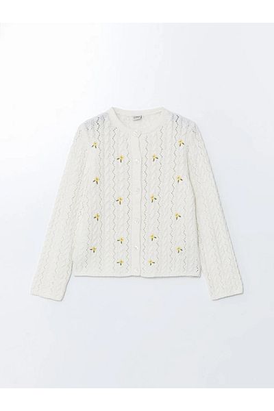 LC Waikiki LCW Kids Ecru Crew Neck Floral Πλεκτό Κοριτσίστικο Ζακέτα