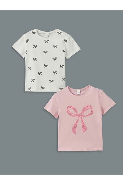 LC Waikiki LCW Kids Ecru Crew Neck Ribbon Detailní dívčí tričko, balení 2 ks