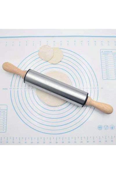 ALMUFARREJ Stainless Steel Dough Roller with Wooden Handles for Baking, Cooking, Cookies, Pizza, Dough, Pastry