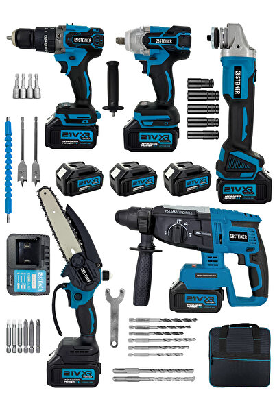 STEİNER Kömürsüz Motor 21 V 3 Akülü Şarjlı Vidalama Kırıcı Delici Bijon Sökme Dal Budama Spiral Taşlama Set