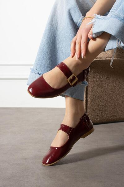 ShoeTek Дамска балерина Hanna - бордо червена кожена лента с катарама