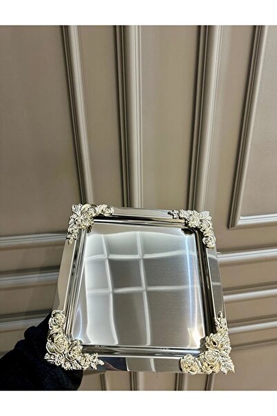 LOKMAN ZÜCCACİYE 6 Person Square 18/10 Steel Silver Rose Detail Single Presentation & Coffee Tray