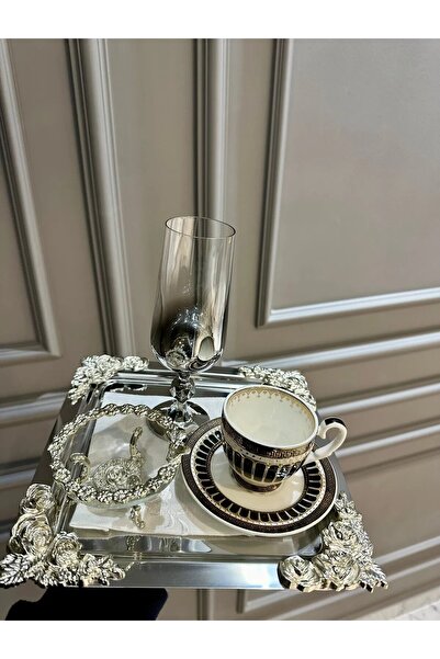 LOKMAN ZÜCCACİYE 6 Person Square 18/10 Steel Silver Rose Detail Single Presentation & Coffee Tray