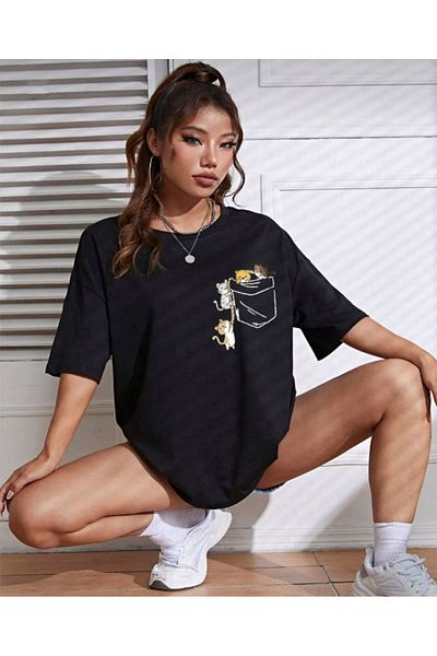 khufu Oversize Pocket Kittens εμπριμέ ΜΑΥΡΟ T-shirt Relaxed Cut