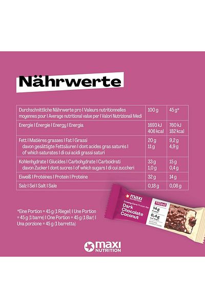 Maxi Nutrition Dark Chocolate & Coconut Creamy Core Protein Bar | Box Of 12Pcs | 45Gms