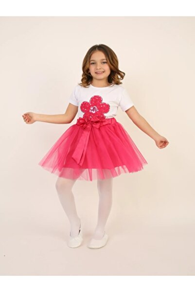Nacar Kız Çocuk Pullu Çiçek Tişört Pembe Tütü Etek Takım 23 Nisan 29 Ekim Gös...