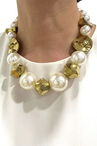 PETEK AKSESUAR Metallized Style Necklace with Large Pearl