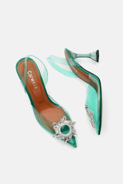 carweza Sunny Transparent Green Stone Heeled Women's Shoes