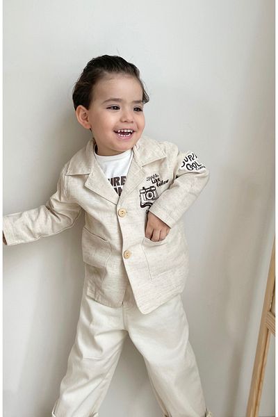 miabambim Beige 3-Piece Linen Jacket Boy's Suit
