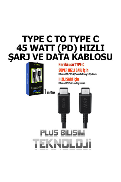Plus Bilişim Type C to Type C Şarj Kablosu 45 Watt (Hızlı, Fast) PD Şarj ve Data Kablosu 1 Metre