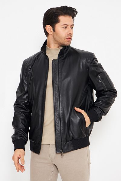 By Marki Marki Men's Genuine Leather Jacket - Black Zippered Tricot, Cola Pocket in Demand, 70 cm