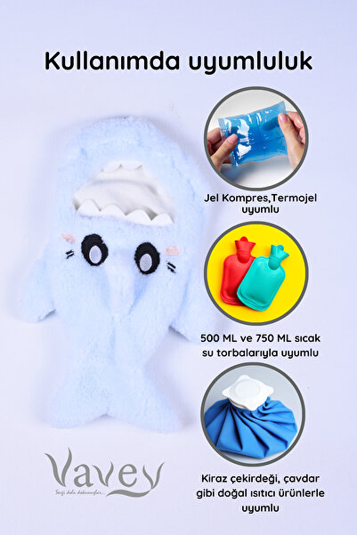 VAVEY Shark Desenli Mavi Su Torbası Kılıfı Yumuşak, Rahatlatıcı ve Isı Terapisi (Termojel )