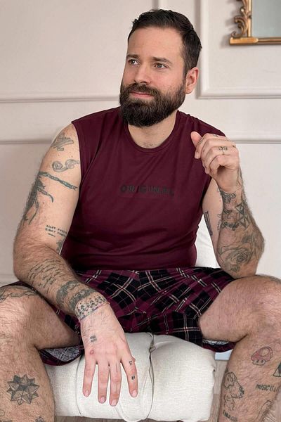 Pijamaevi Burgunderrot Original bedruckt Zero Sleeve Shorts Herren Pyjama Set