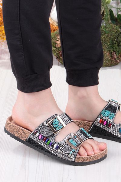 fort Gj Alyona Anatomical Bead Stone Detailed Two Buckle Women's Slippers