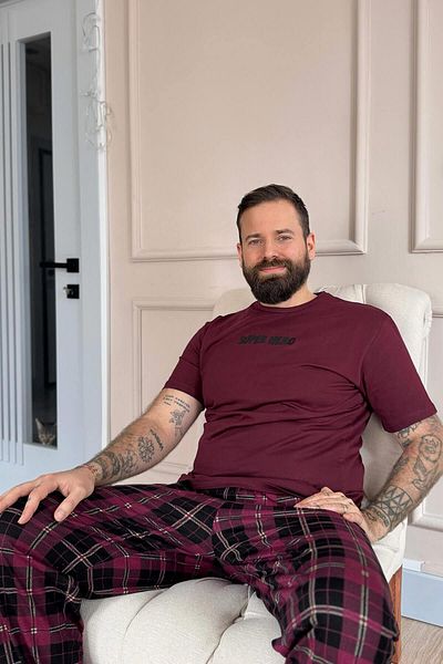 Pijamaevi Claret Red Hero Printed Short Sleeve Men's Pajama Set