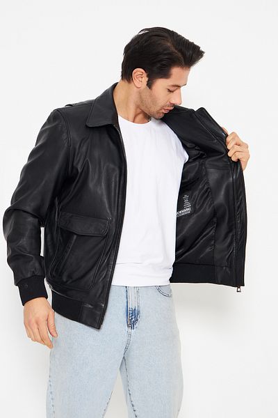 By Marki Marki Men's Black Genuine Leather Jacket, Zippered, Knitwear, Pockets 70 cm