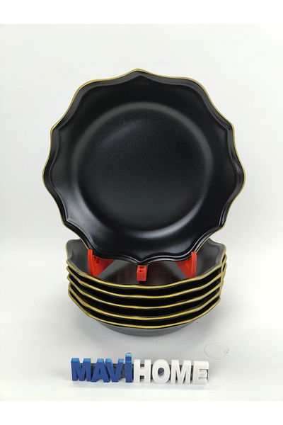 MAViHOME Black 21 Cm Ceramic Dinner Plate with Yellow Edge Pattern Set of 6
