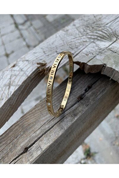 feyzsteel Roman Numeral Stoned Trend Stainless Steel Handcuff Bracelet Imprint