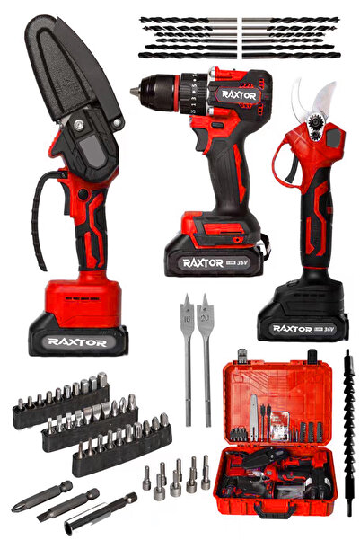 RAXTOR 3 Lü Set Kömürsüz Motor Çift Akülü Şarjlı Matkap Şarjlı Budama Makası ...