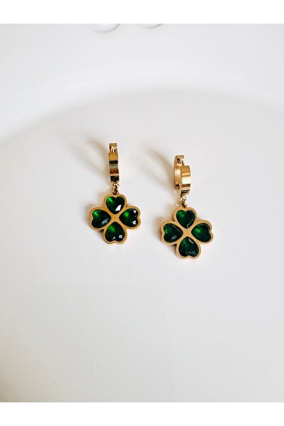 DEVİ fashion Çelik Yeşil Yonca Küpe 3 cm