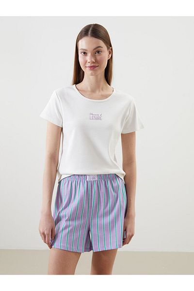 LC Waikiki Lcw Dream Lilac Crew Neck Embroidered Women's Shorts Pajamas Set