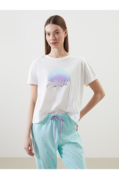 LC Waikiki Lcw Dream Turquoise Crew Neck Printed Women's Pajamas Set