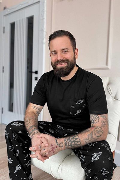 Pijamaevi Black Space Pattern Pocket Detailed Short Sleeve Men's Pajama Set