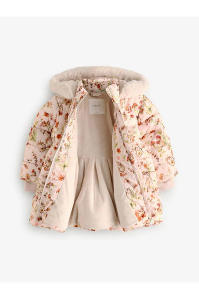 Next Baby Krem Duşa Dayanıklı Baskılı Kız Çocuk Etekli Kaban Mont