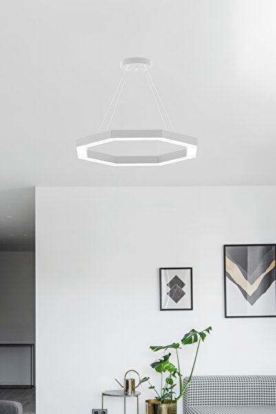Hegza Lighting Octagon ( Gri Kasa, Beyaz Işık ) Ledli Modern Led Avize, Salon, Mutfak, Antre, Hol, Masa, Sarkıt