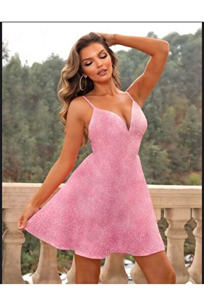 Pembe Simli Parıltılı Elbise