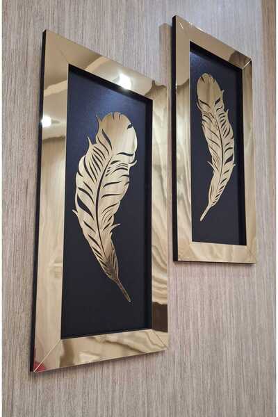 TUĞBArt 2 Li Aynalı Pleksi Tablo 3 Boyutlu Çerçeve Tüy Model Altın Sarısı