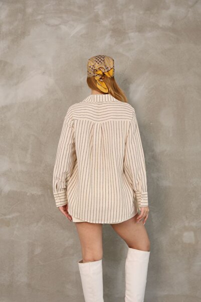 ronox kadin çizgili muslin keten bol kesim gömlek