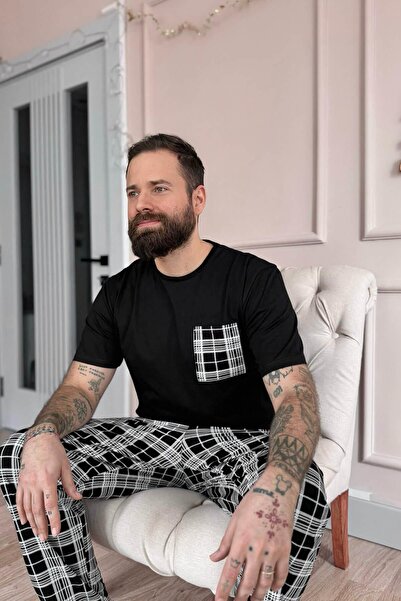 Pijamaevi Siyah Beyaz Ekose Desen Cep Detaylı Kısa Kol Erkek Pijama Takımı