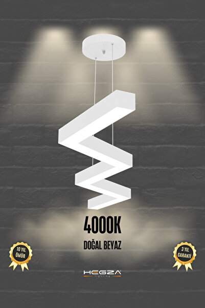 Hegza Lighting Zigzag ( Beyaz Kasa, Doğal Beyaz Işık ) Modern Led Avize, Salon, Mutfak, Oturma Yatak Odası, Sarkıt